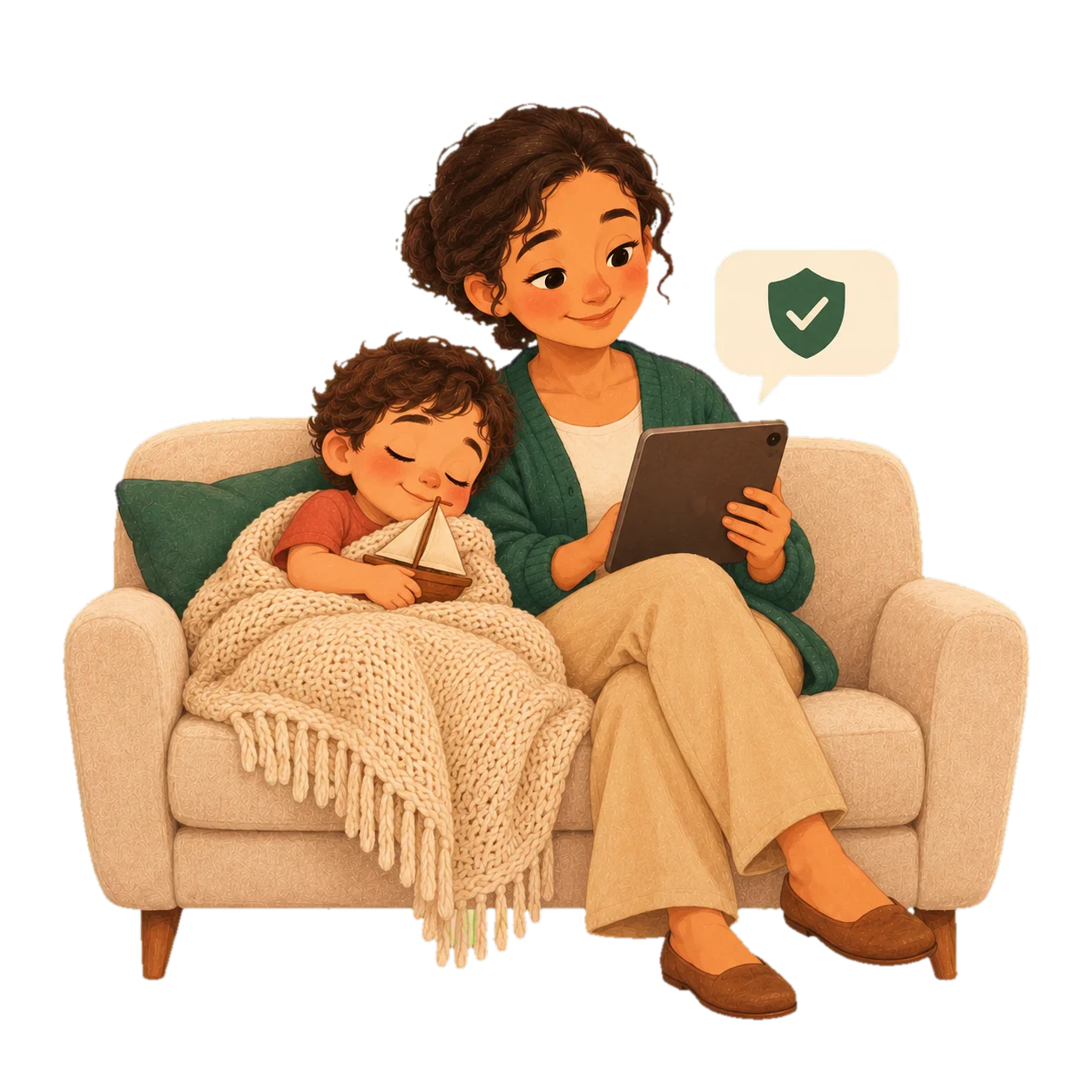 A mother looks calmly at her tablet next to a shield symbol; her son sleeps under a blanket beside her.