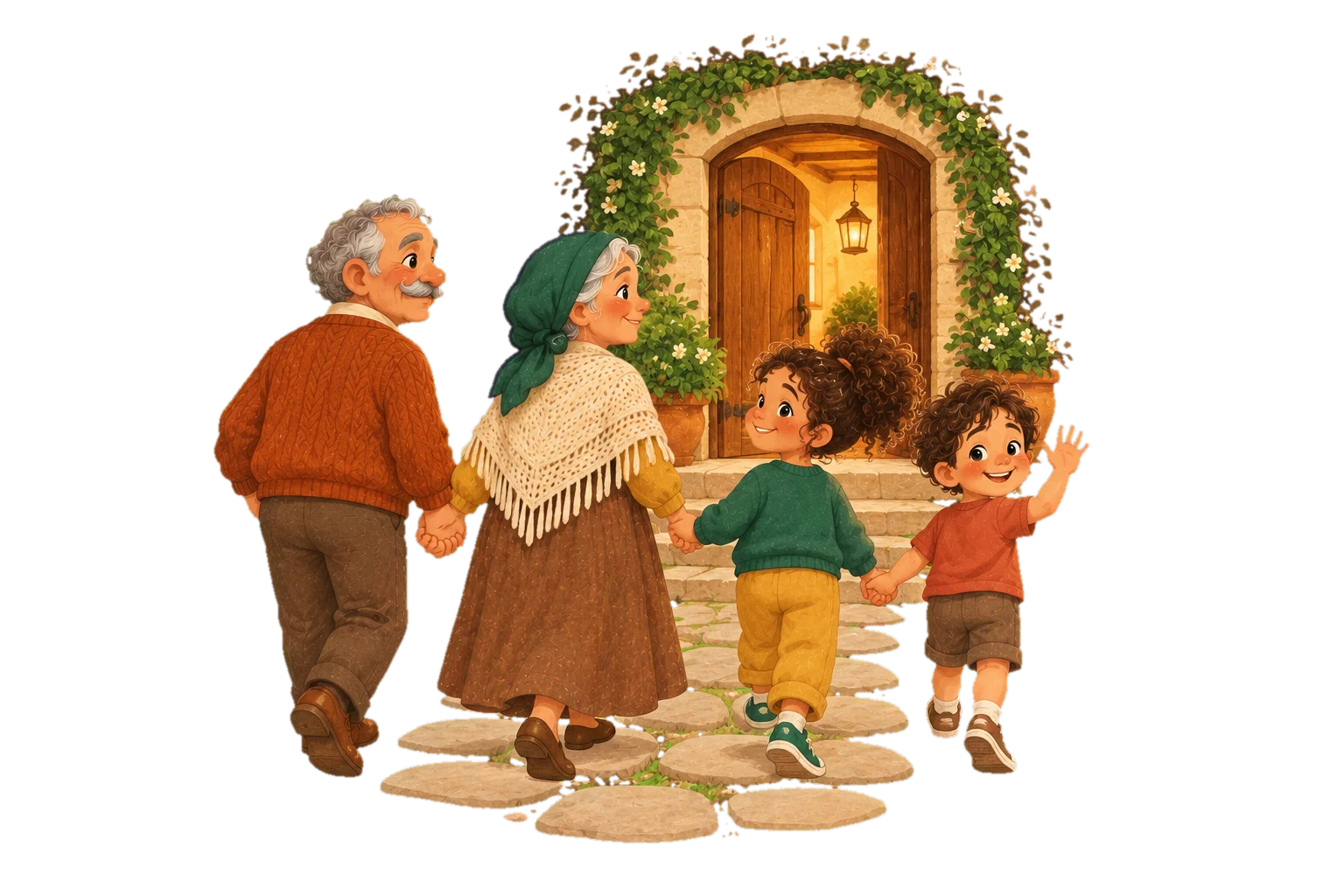 Grandparents and grandchildren walk hand in hand towards an open, warmly lit door; the boy waves back.