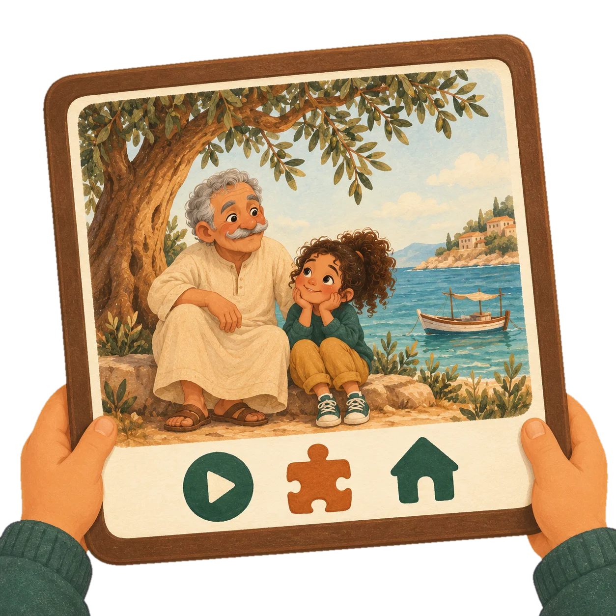 A child’s hands hold a tablet showing a painted story page: grandfather and granddaughter under an olive tree by the sea.