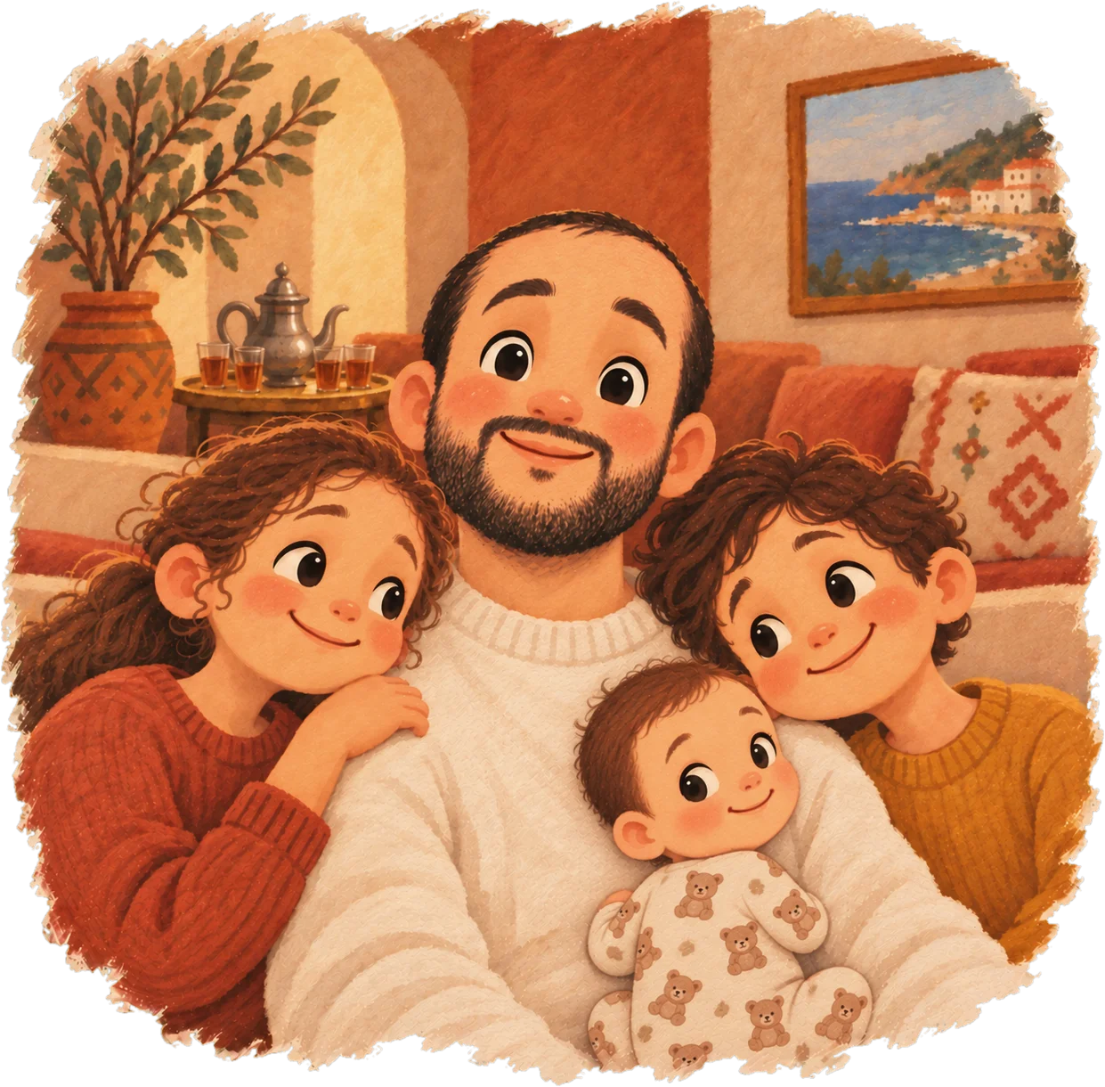 The founder of Jeddoo at home with his three children, the baby on his lap, in a living room with tea glasses, an olive plant and a painting of the Algerian coast.