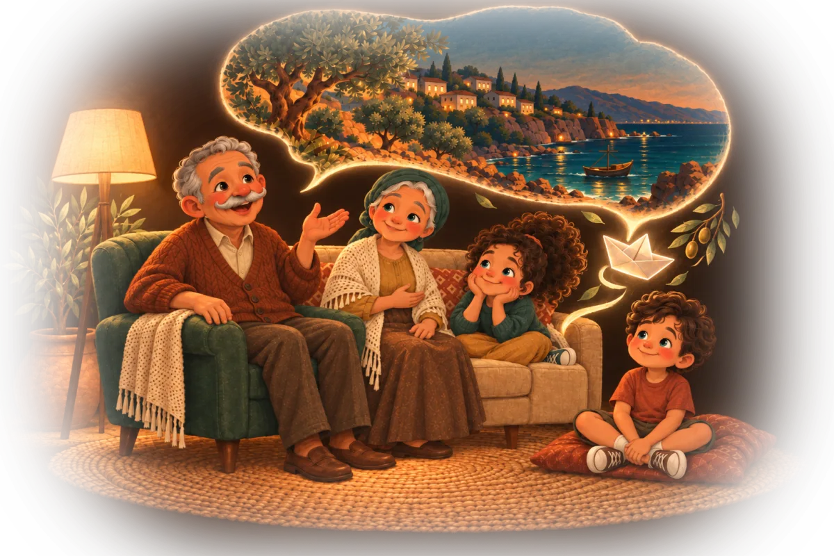 Grandparents tell their grandchildren a story; above them appears a picture of Algeria with an olive tree, a village and the sea.