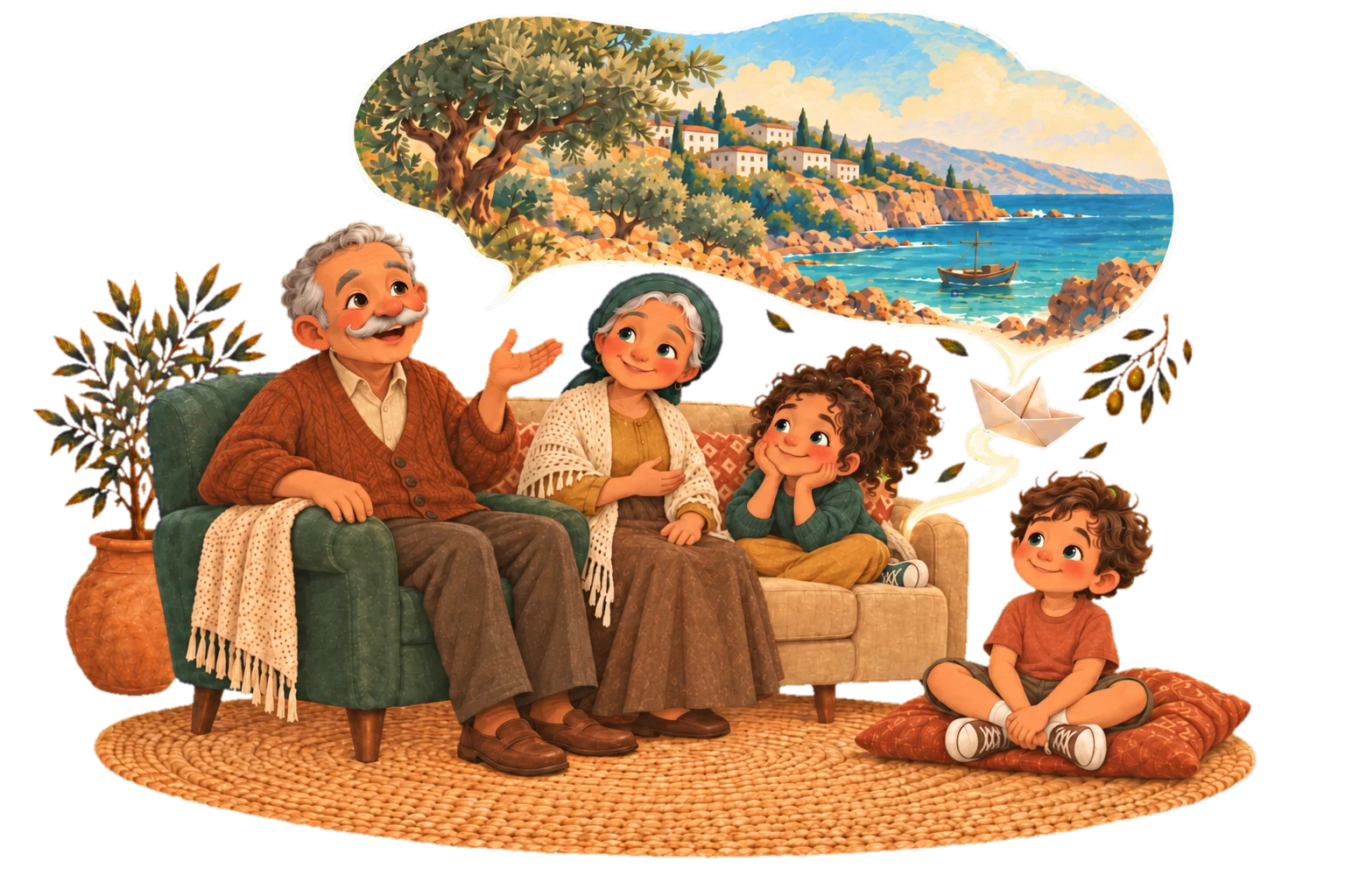 Grandparents tell their grandchildren a story; above them appears a picture of Algeria with an olive tree, a village and the sea.