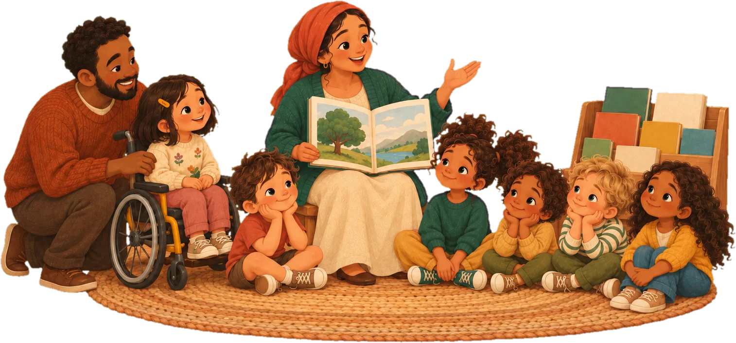 A woman educator reads a picture book to a group of children; a male educator helps a child in a wheelchair.