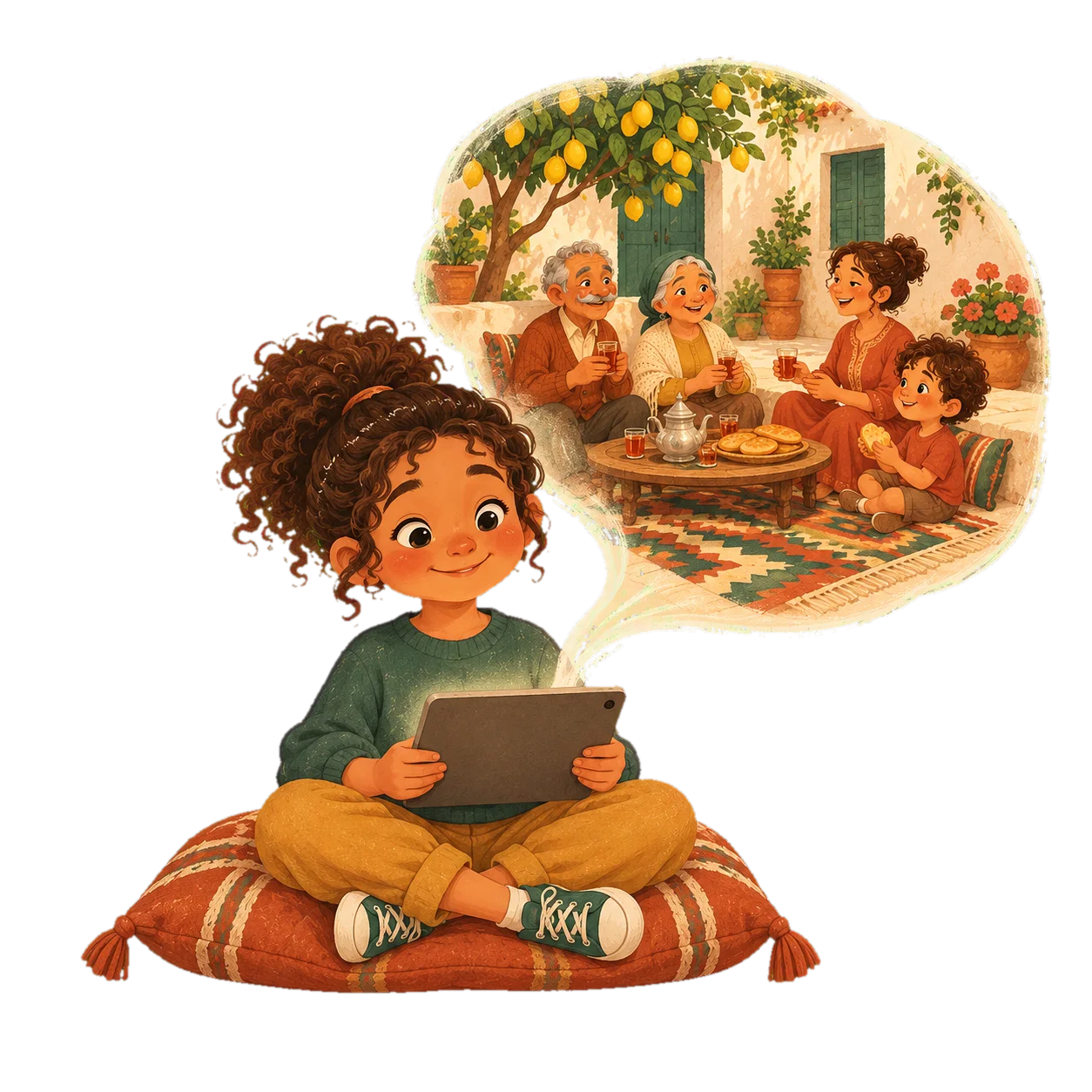 A girl with a tablet looks amazed; a picture of an Algerian family courtyard with a lemon tree, tea and bread rises from it.