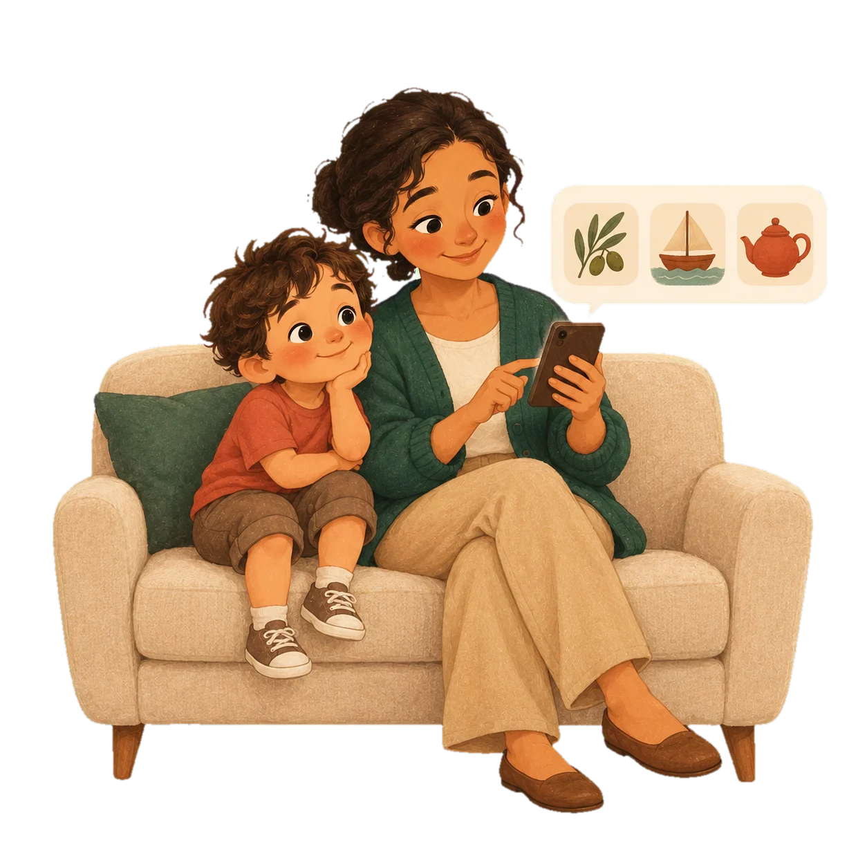 A mother picks topics on her phone while her son watches.