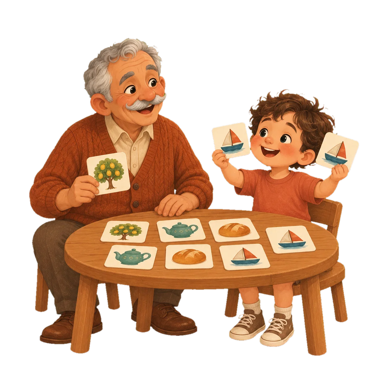 A boy and his grandfather play a picture-card game and laugh together.