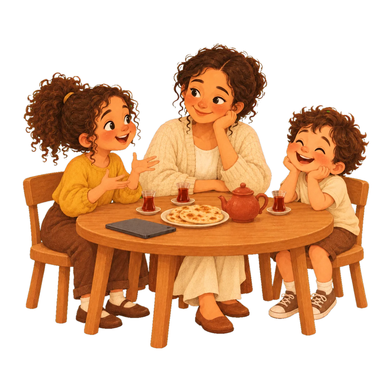 A mother and her two children sit at the table with flatbread and tea; the girl is telling a story, the boy laughs, and the tablet lies face down beside them.