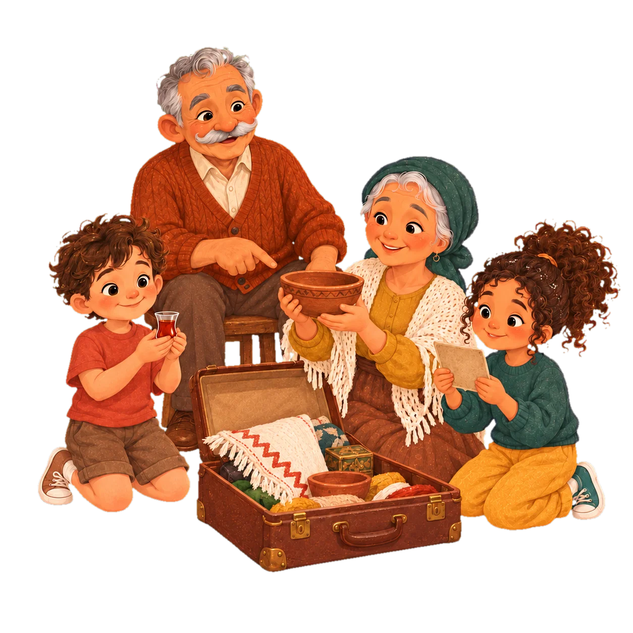 Grandmother shows the grandchildren family treasures from an old suitcase: a tea glass, a cloth, a clay bowl; grandfather watches, smiling.