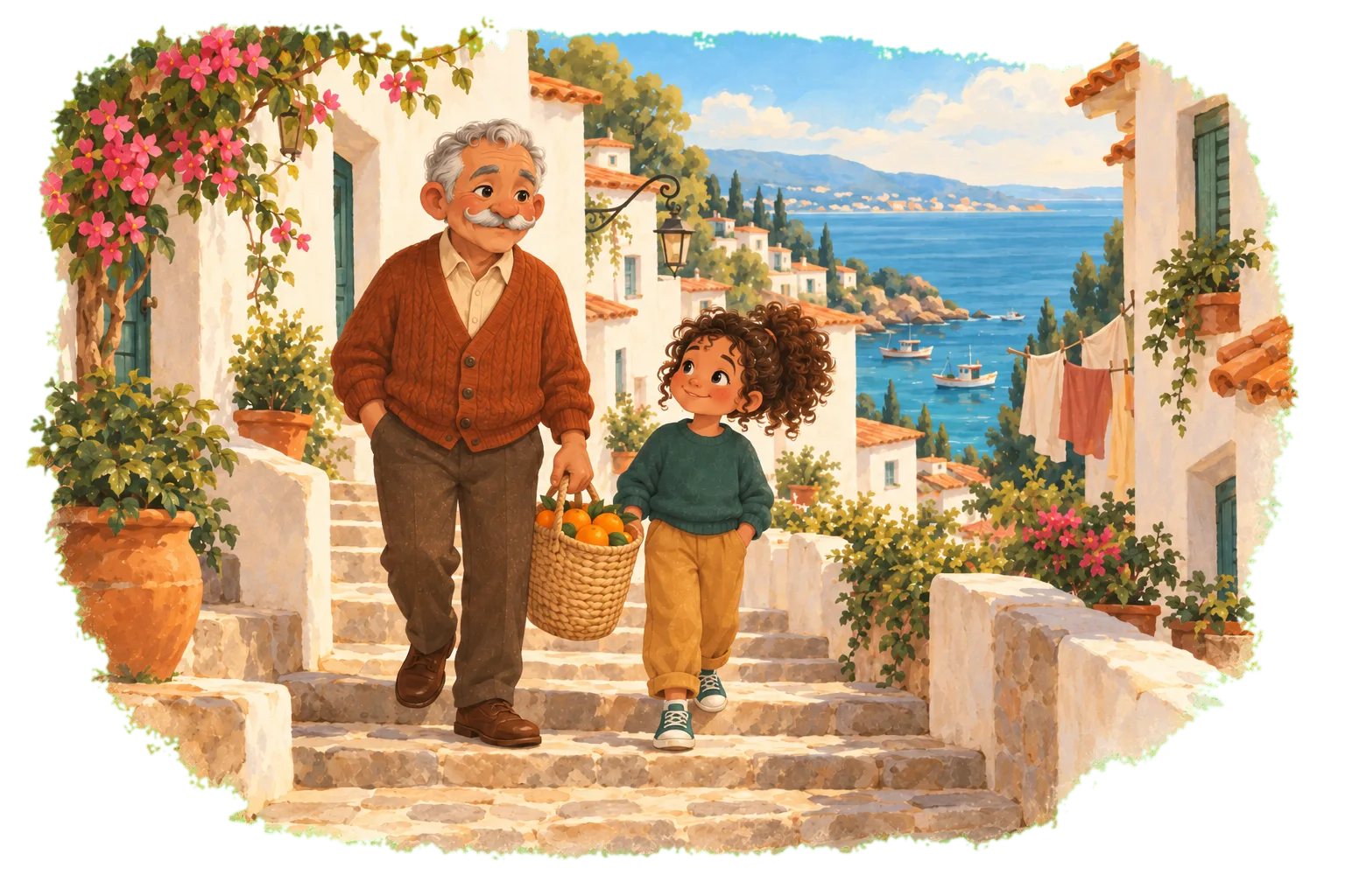 Grandfather and granddaughter walk down a lane by the sea with a basket of oranges.