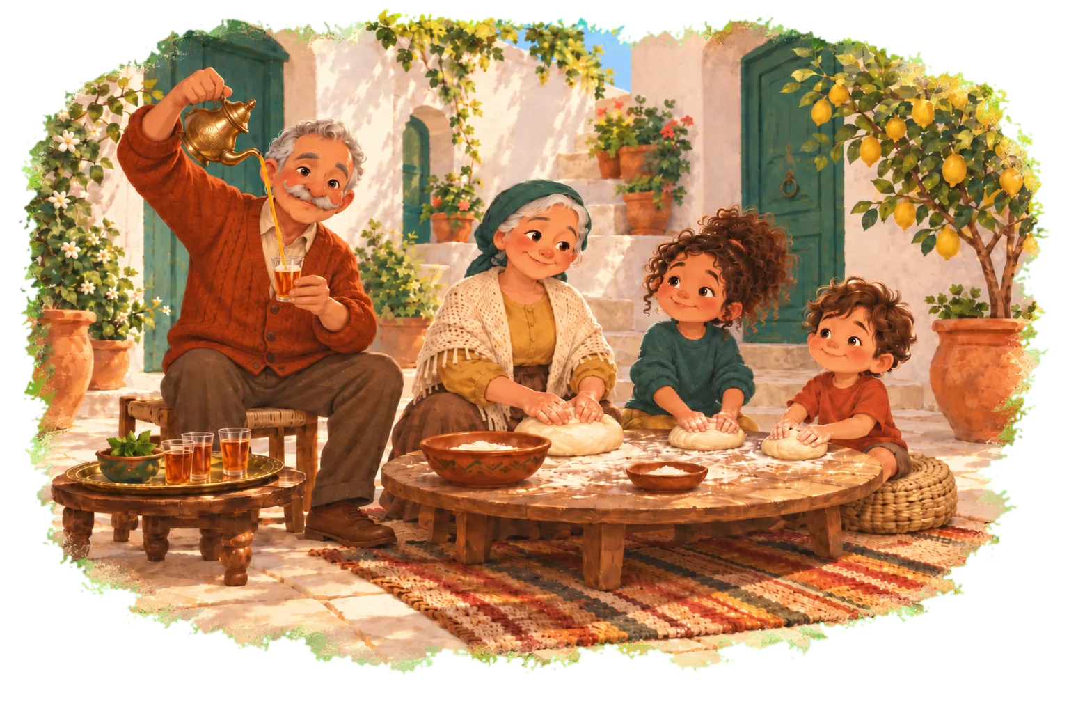 In the family courtyard, grandfather pours tea while grandmother and the children knead bread dough.