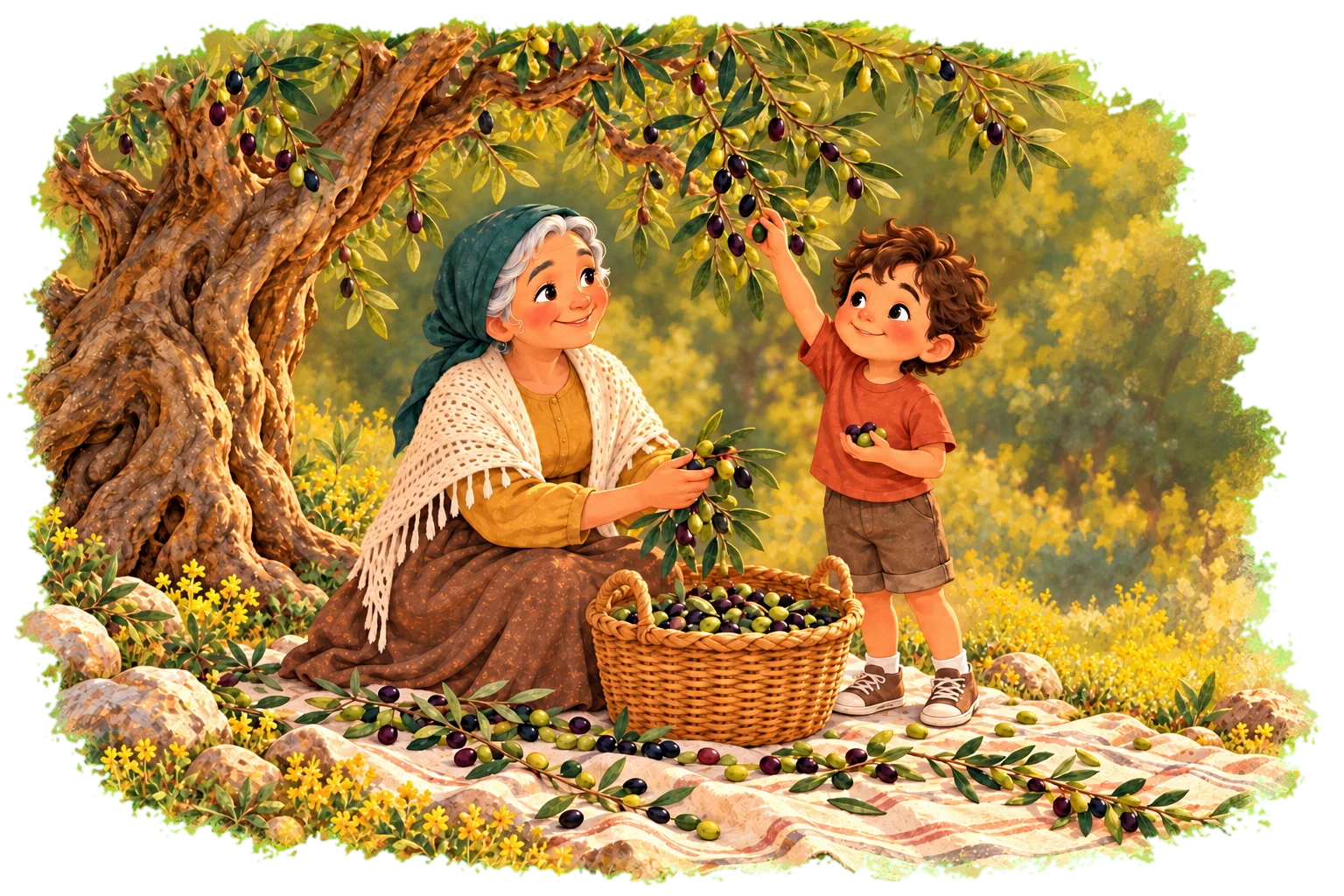 Grandmother and grandson harvest olives under an old olive tree.