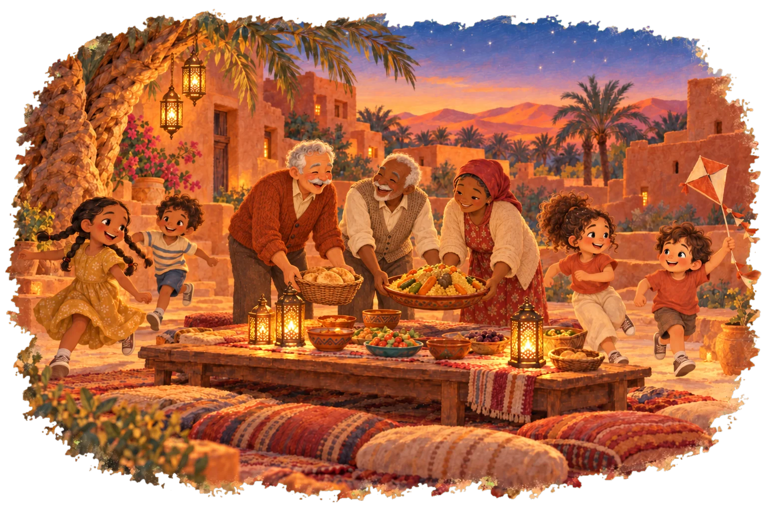 At dusk in a Saharan oasis, grandfather, his brother and his brother's wife set bread and a big dish of couscous on the table together, while the grandchildren run around with a kite.